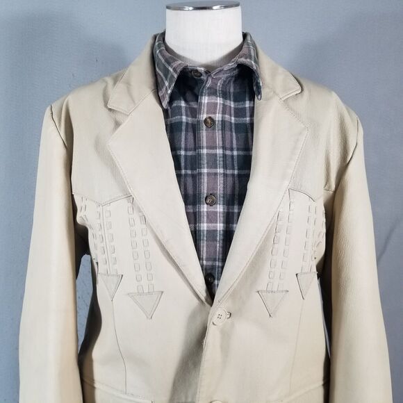 Oscar Piel leather blazer sport coat jacket men's Large Beige 2 tone Western - Picture 2 of 16